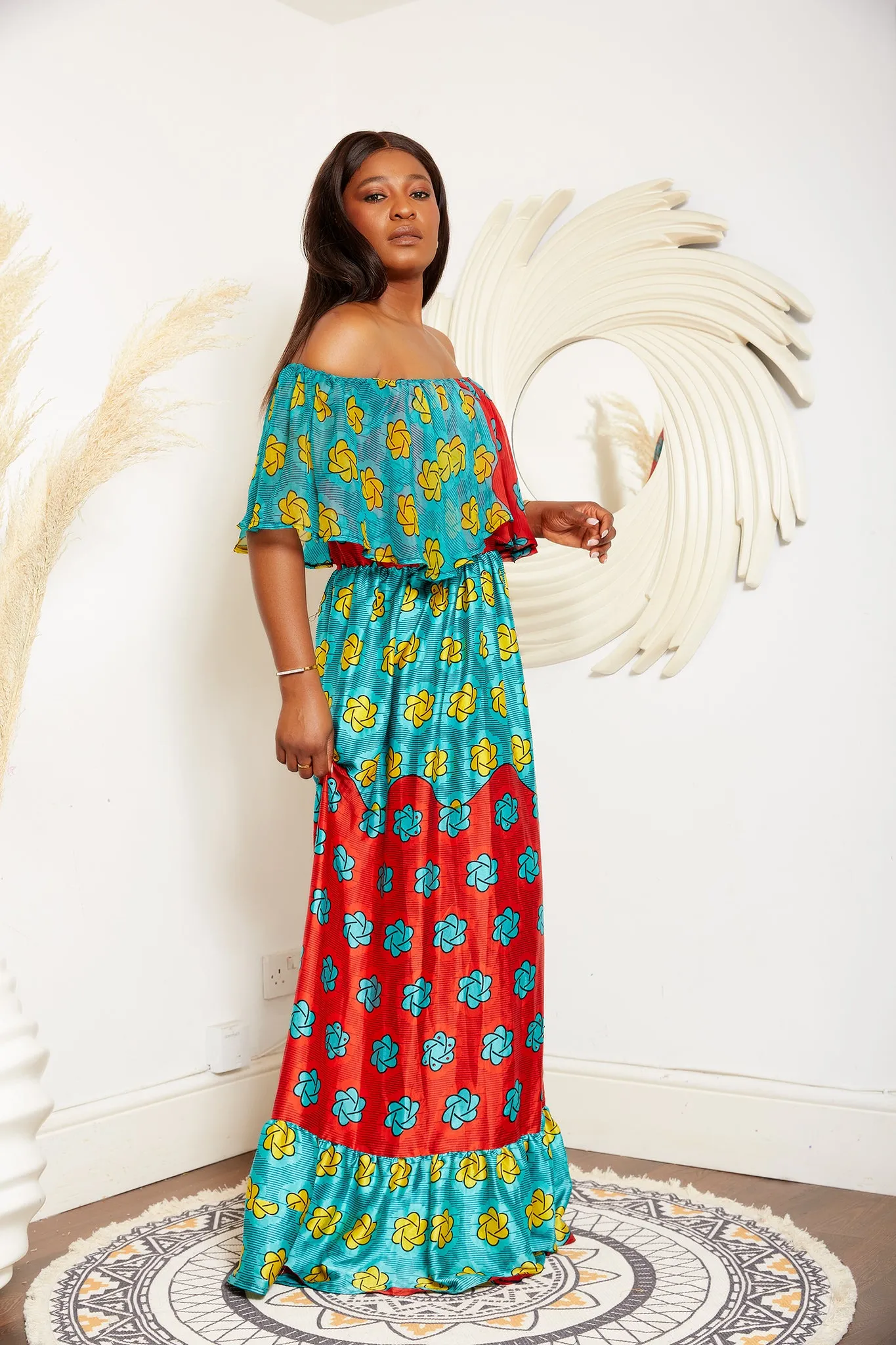 Adire Silk Print Maxi Off Shoulder Gypsy Dress - Amah