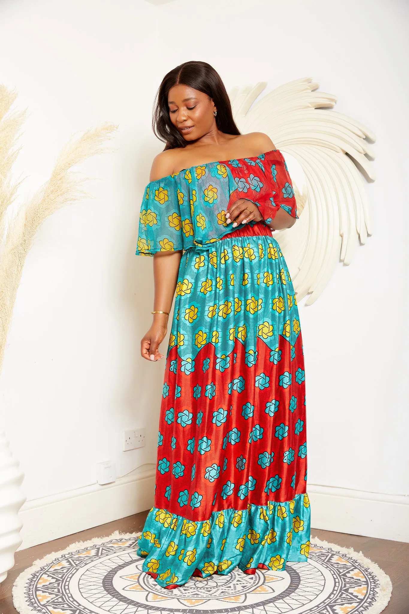 Adire Silk Print Maxi Off Shoulder Gypsy Dress - Amah