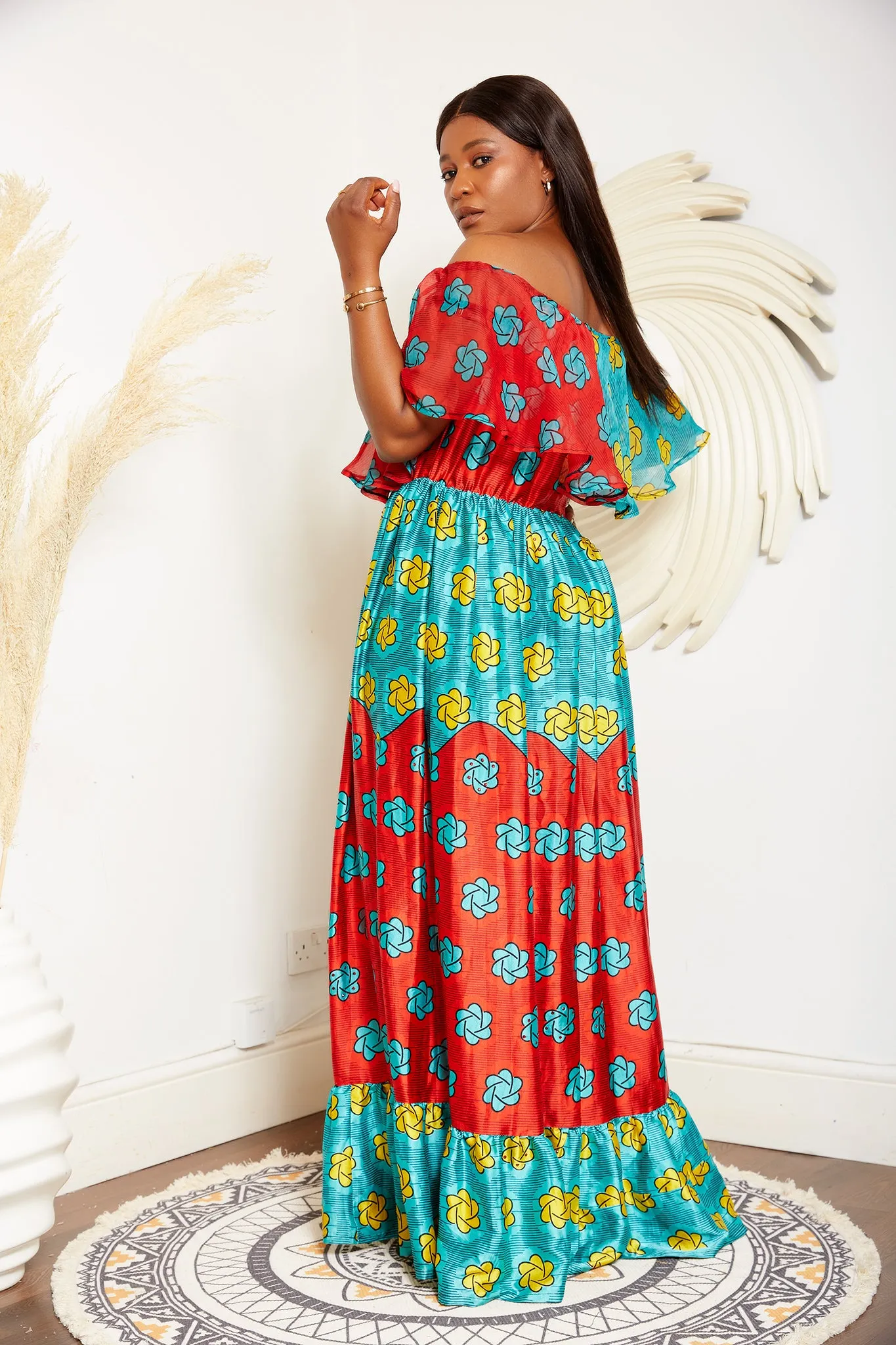 Adire Silk Print Maxi Off Shoulder Gypsy Dress - Amah