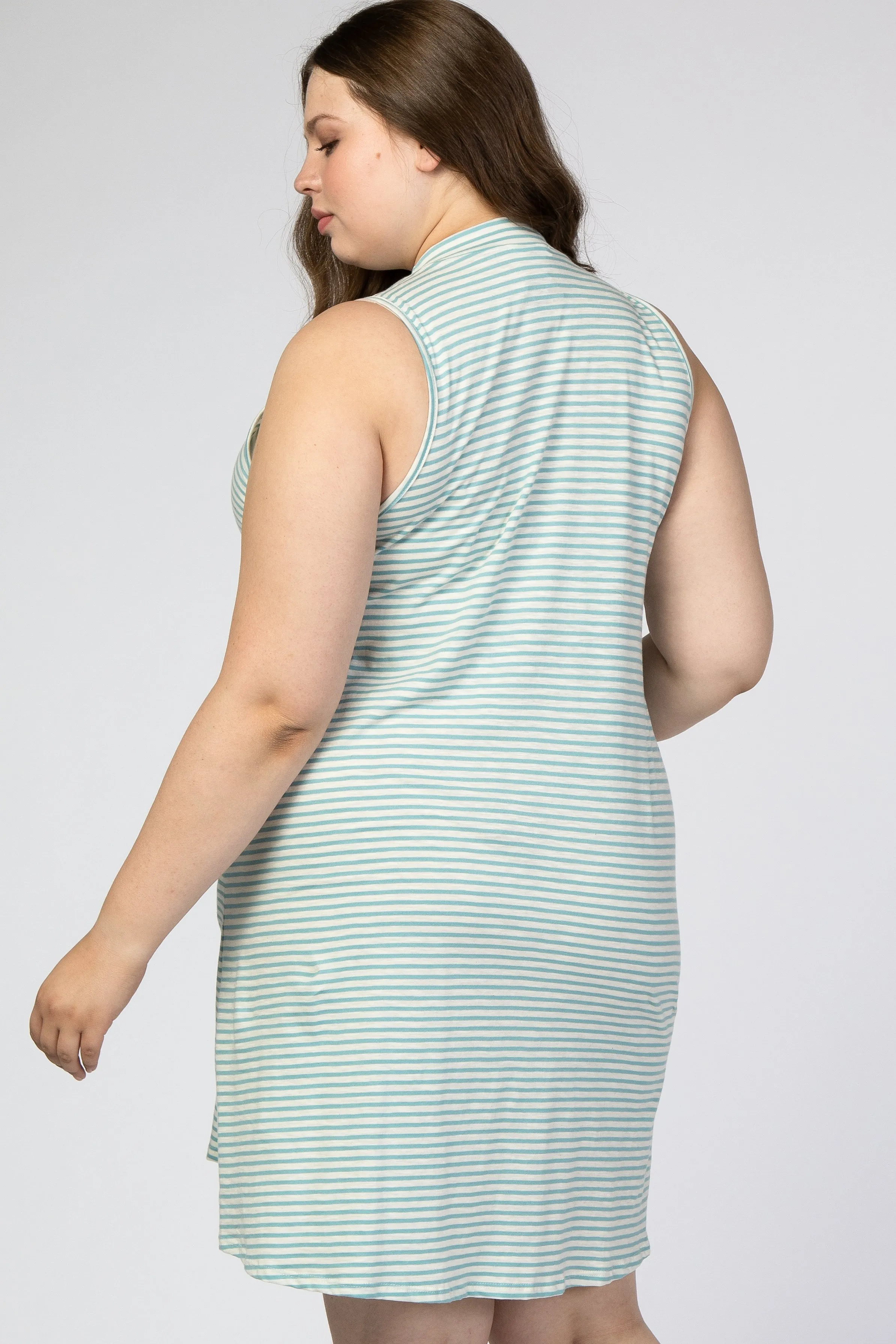 Aqua Striped Mock Neck Sleeveless Maternity Plus Dress