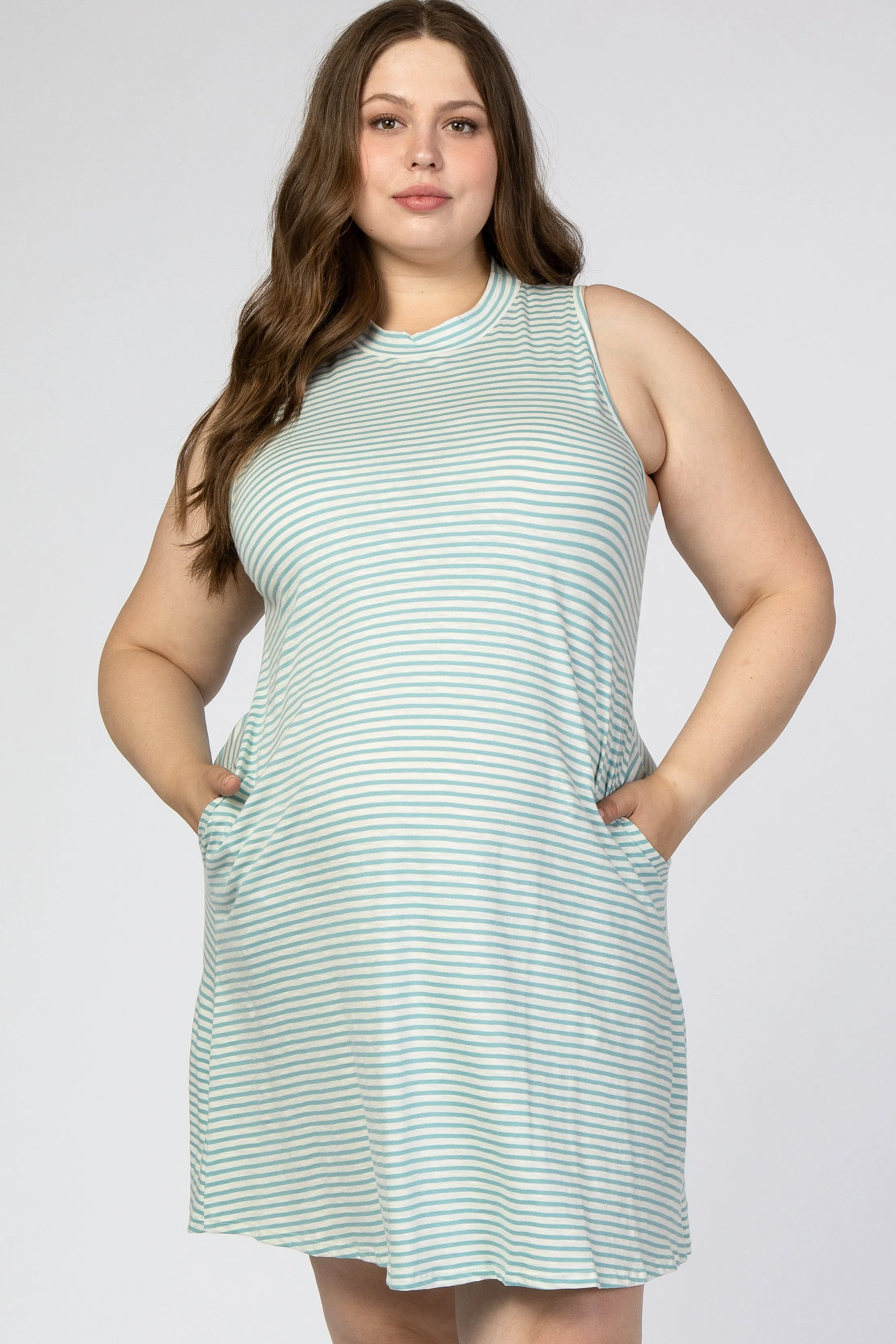 Aqua Striped Mock Neck Sleeveless Maternity Plus Dress