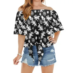 aquatic life bw print Off Shoulder Knot Front Blouse (Model T71)