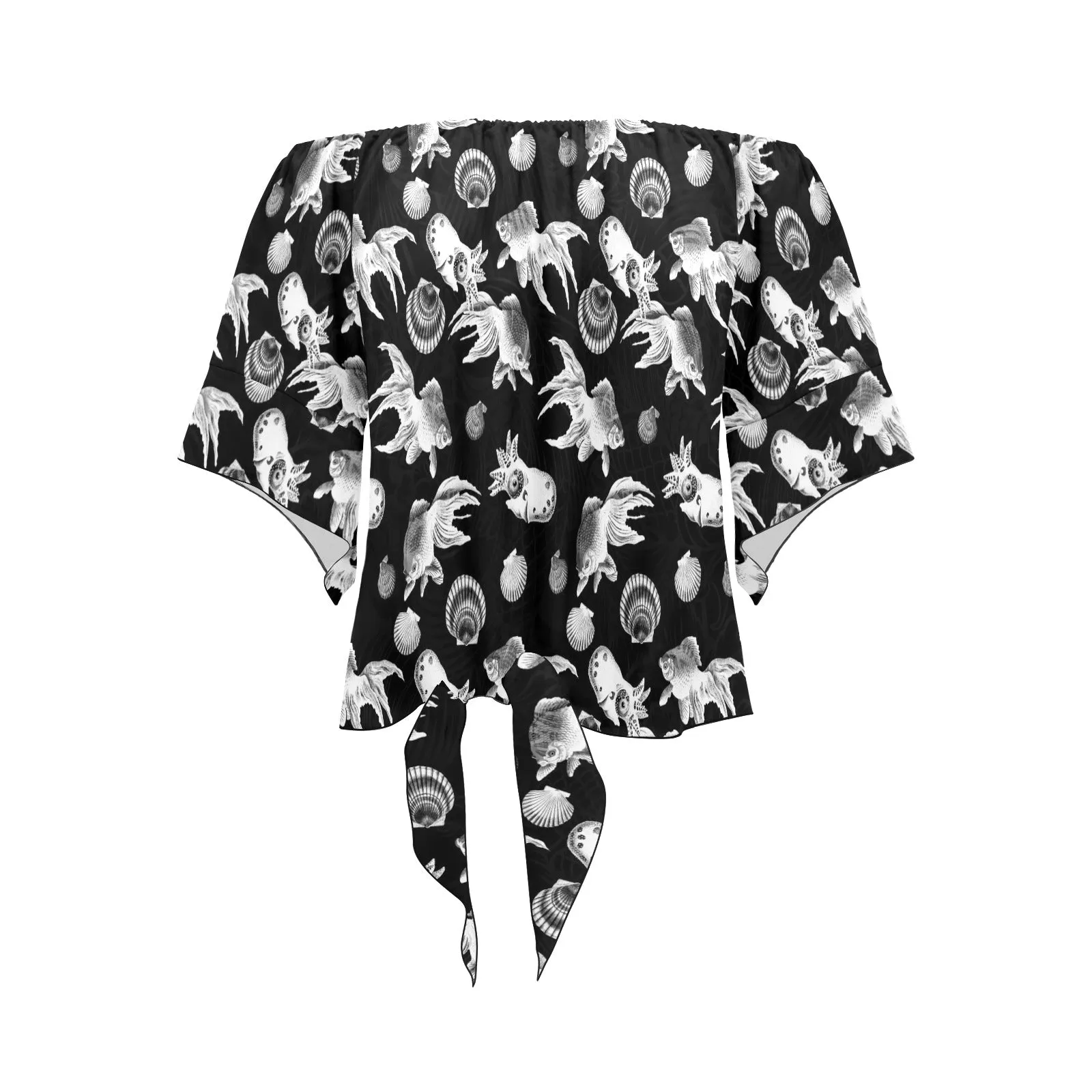 aquatic life bw print Off Shoulder Knot Front Blouse (Model T71)