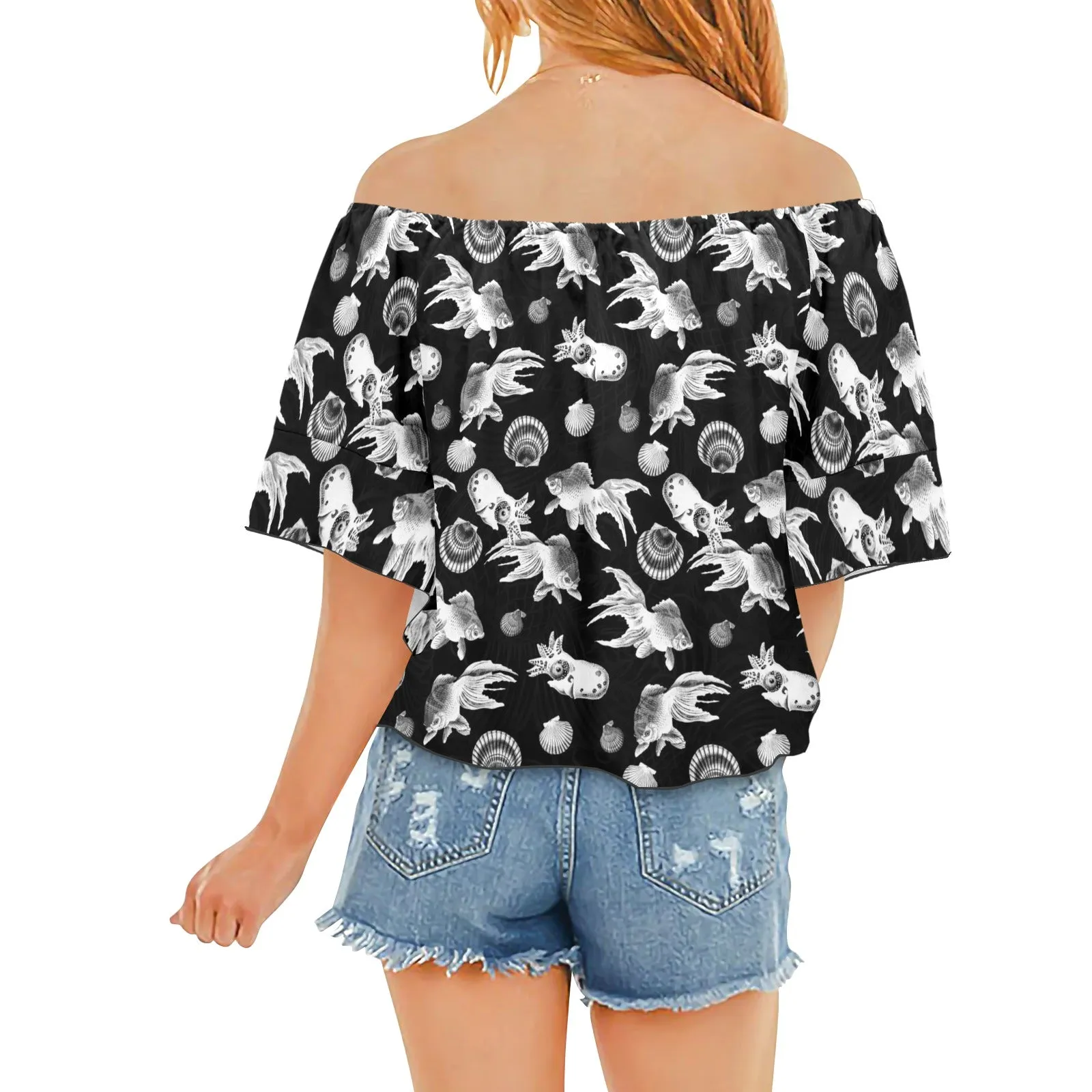 aquatic life bw print Off Shoulder Knot Front Blouse (Model T71)