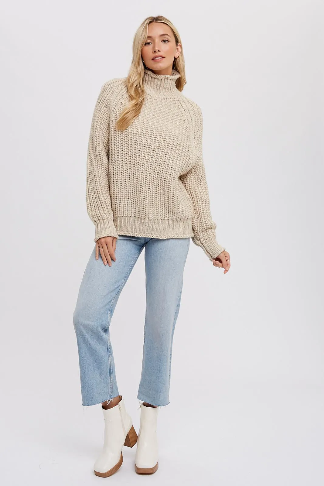 Beige Chunky Knit Mock Neck Sweater