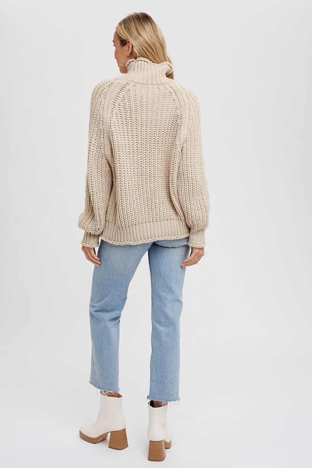 Beige Chunky Knit Mock Neck Sweater