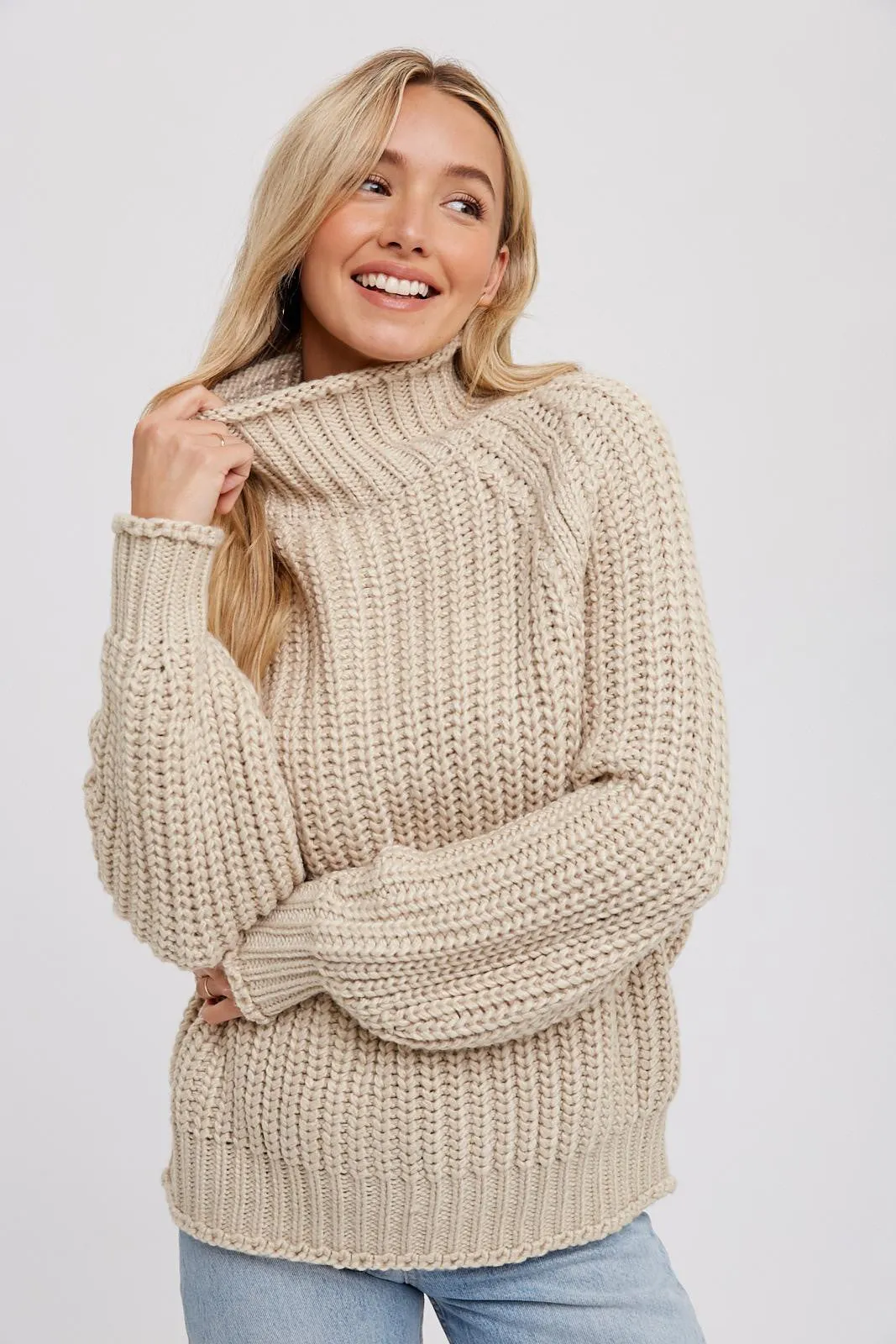 Beige Chunky Knit Mock Neck Sweater