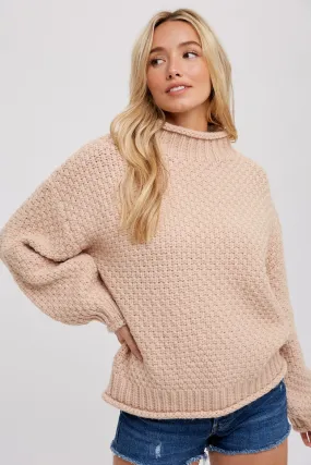 Beige Chunky Knit Mock Neck Sweater