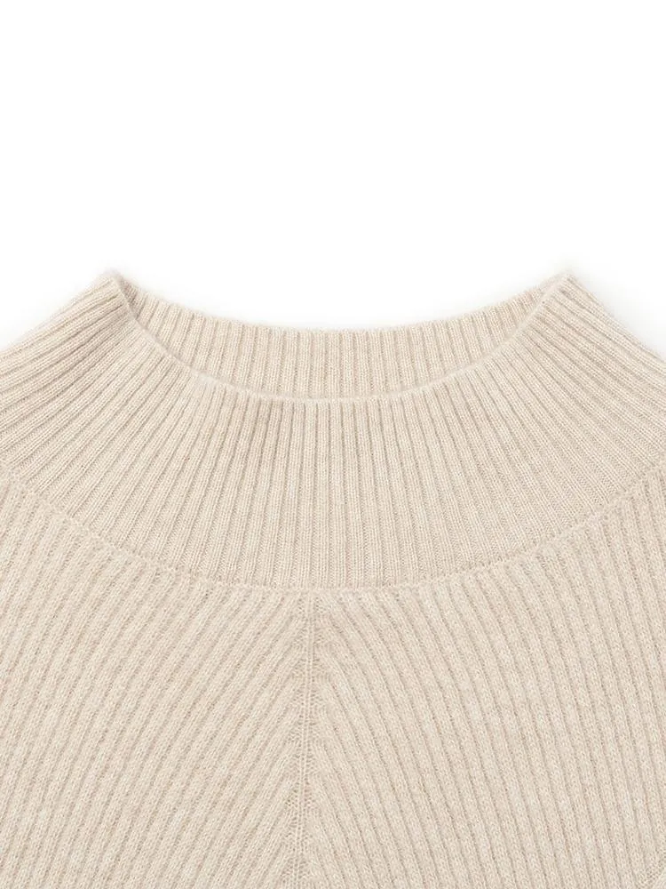 Beige Pure Cashmere Mock Neck Women Sweater