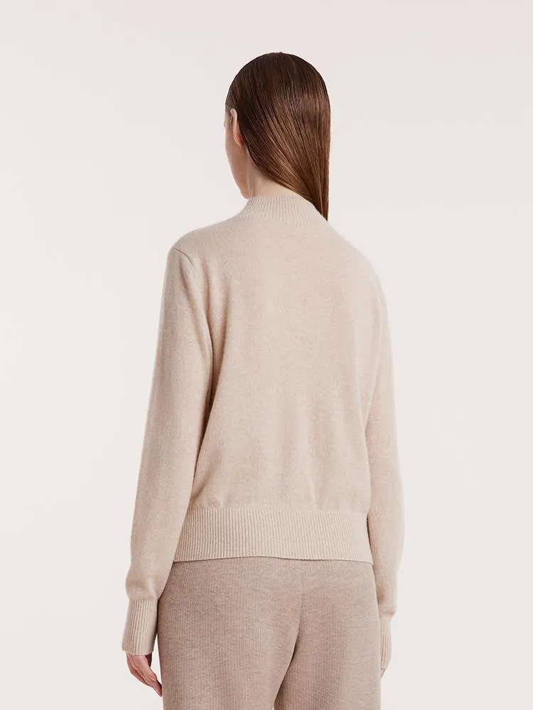 Beige Pure Cashmere Mock Neck Women Sweater