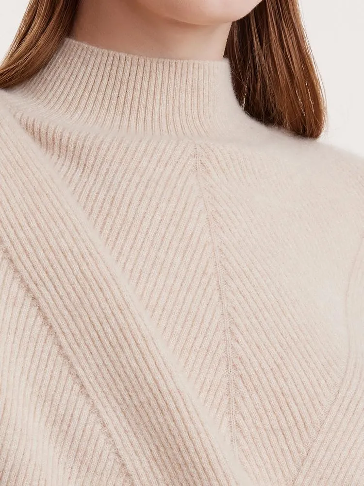 Beige Pure Cashmere Mock Neck Women Sweater