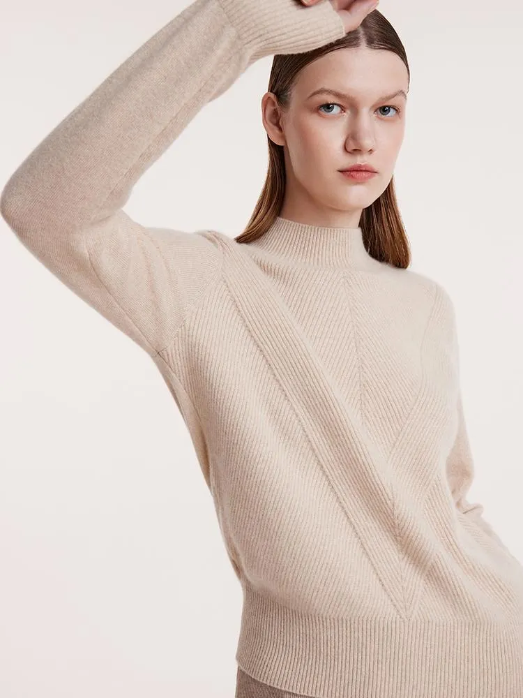 Beige Pure Cashmere Mock Neck Women Sweater