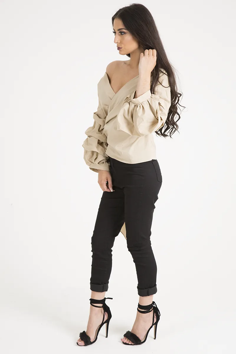 Beige Ruffle Sleeve Crop Top - Susie