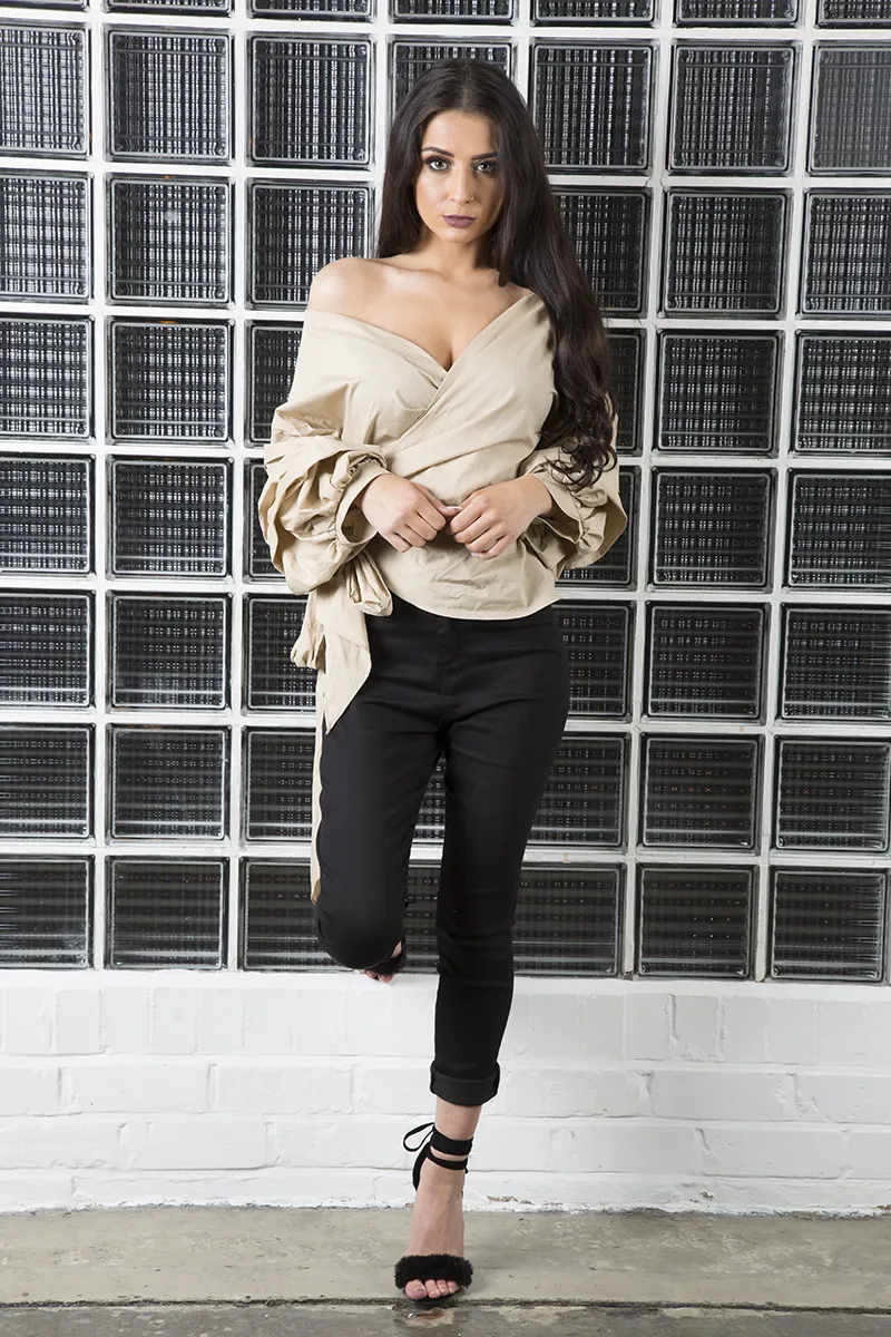 Beige Ruffle Sleeve Crop Top - Susie