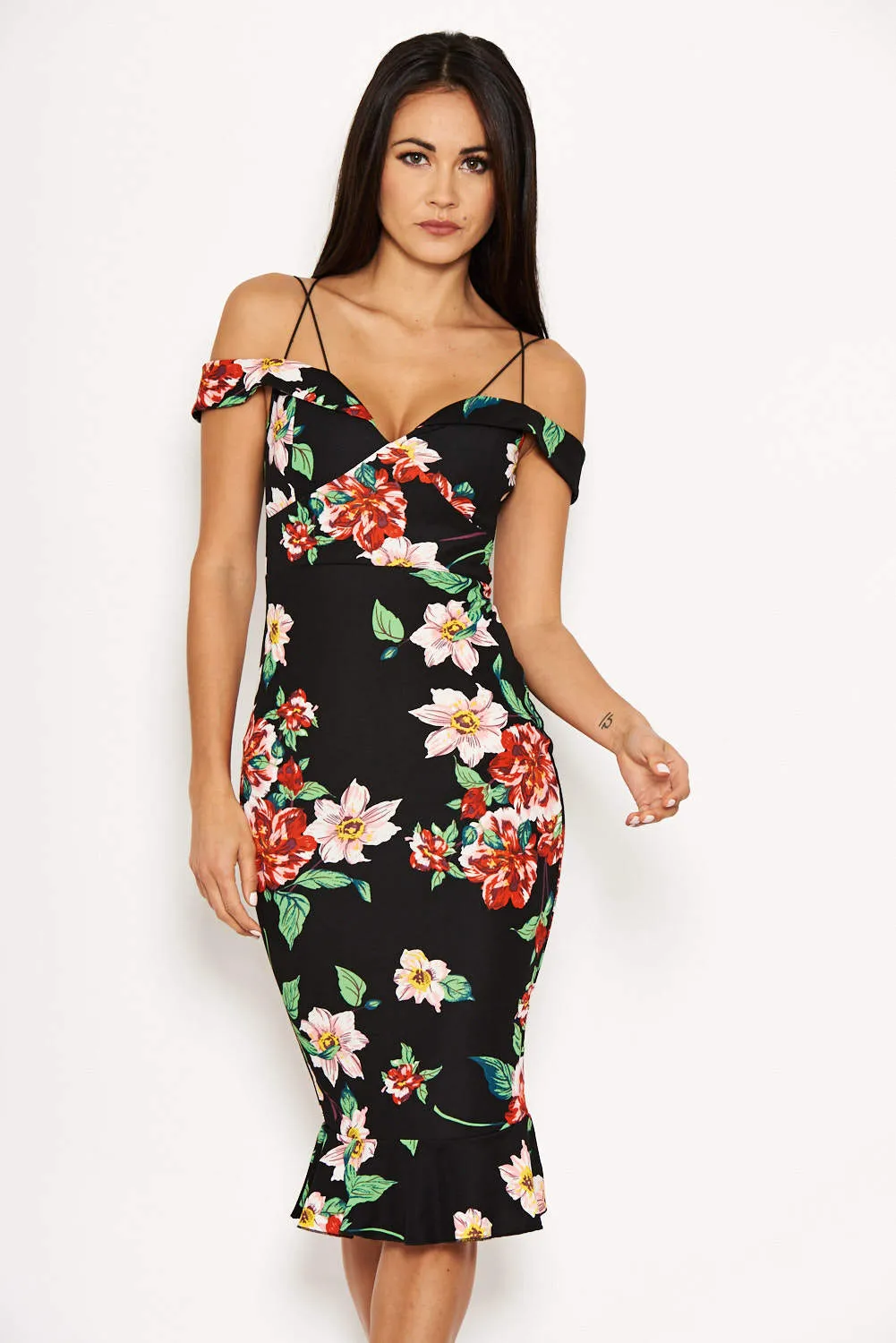 Black Floral Off The Shoulder Midi Dress