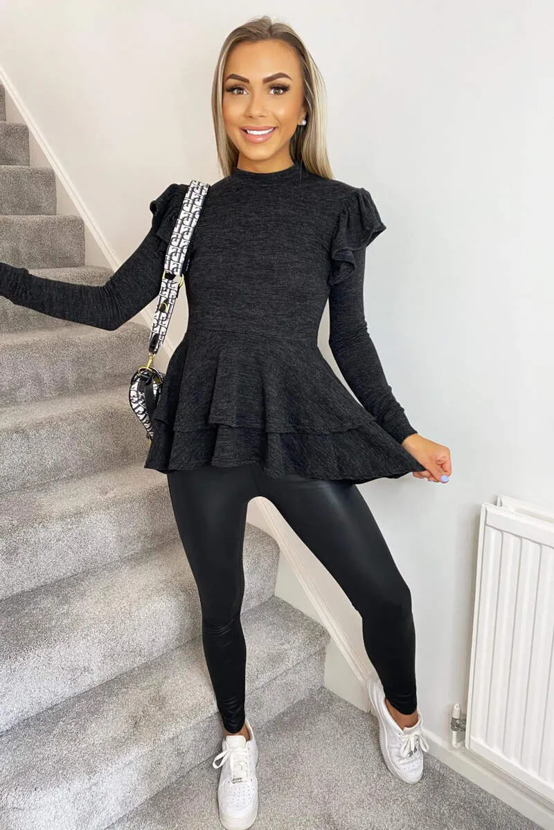 Black Frill Shoulder Peplum Top