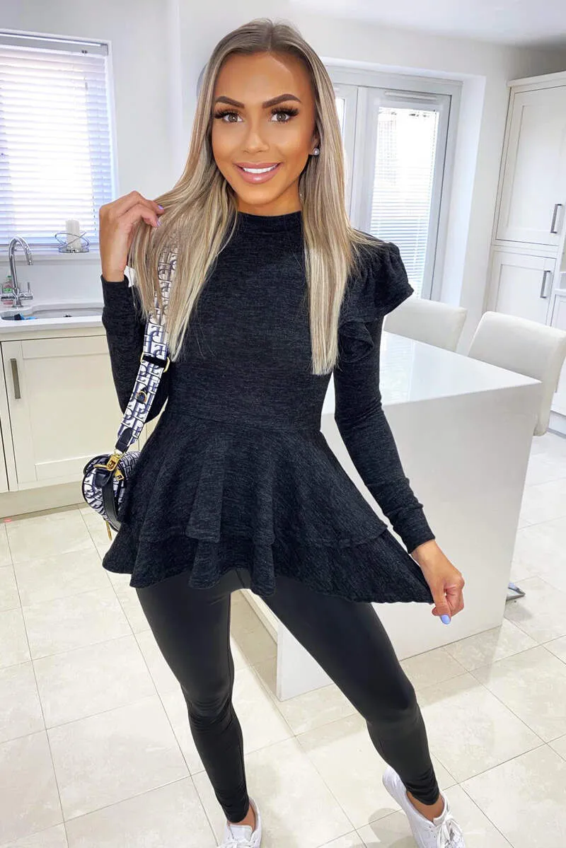 Black Frill Shoulder Peplum Top