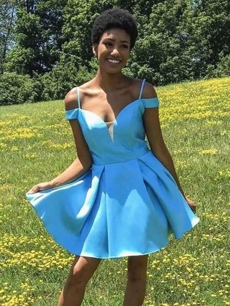 Blue Off The Shoulder Short Prom Dresses, Off Shoulder Short Blue Formal Homecoming Evening Dresses