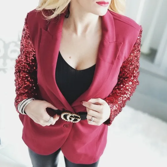 Burgundy Sequinned Sleeved Blazer