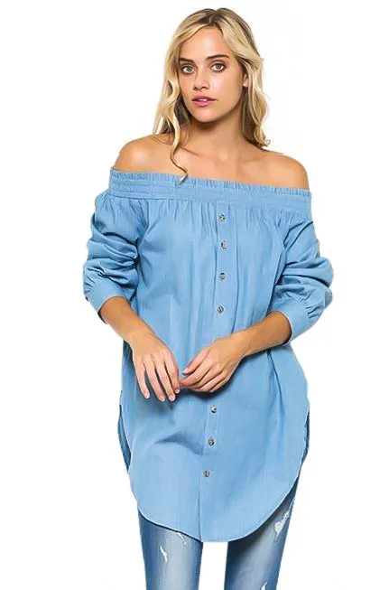 Denim Off The Shoulder Chambray Tunic Top