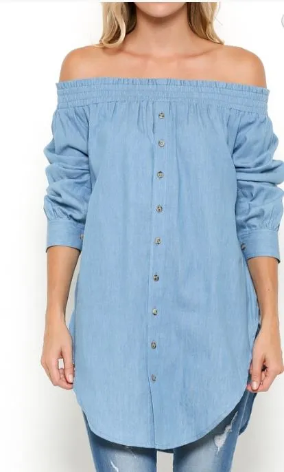 Denim Off The Shoulder Chambray Tunic Top