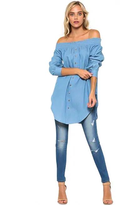 Denim Off The Shoulder Chambray Tunic Top