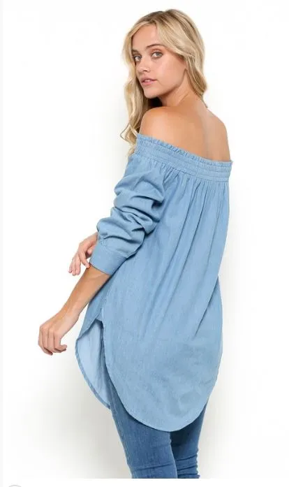 Denim Off The Shoulder Chambray Tunic Top