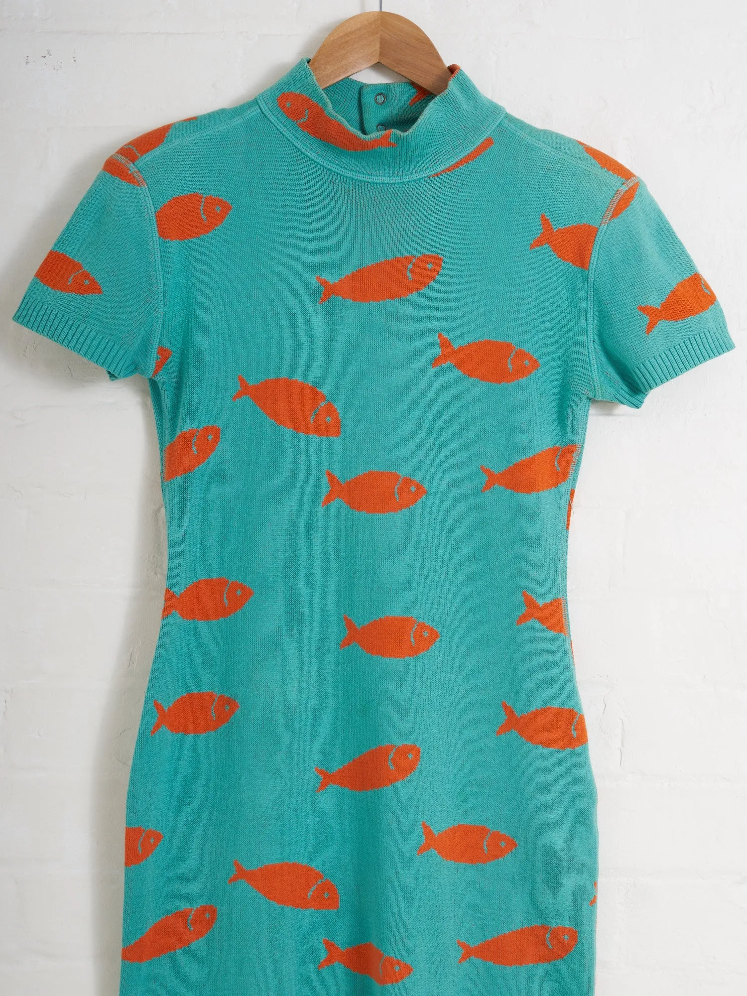 Dorothee Bis blue knit goldfish pattern mock neck short sleeve dress