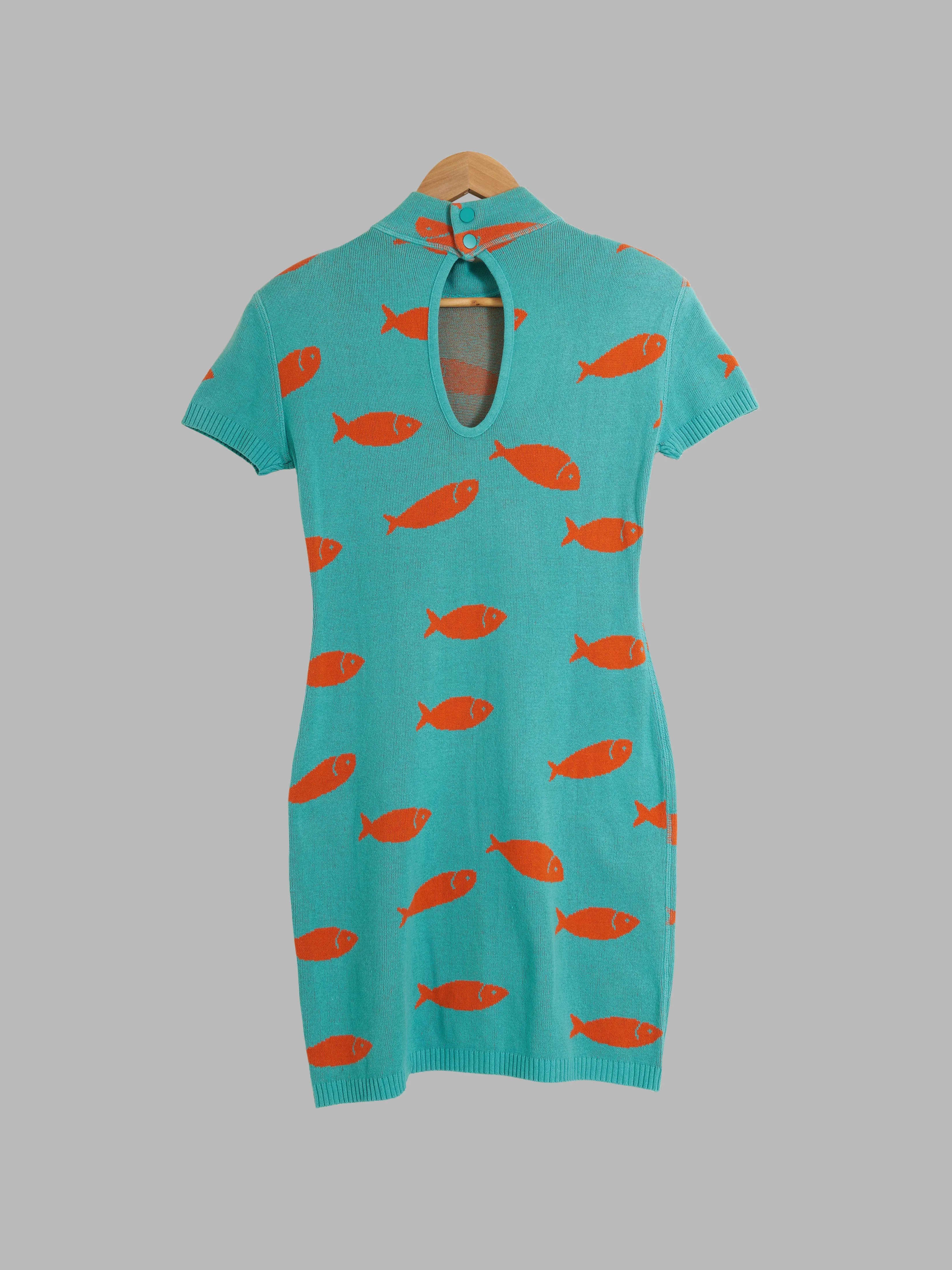 Dorothee Bis blue knit goldfish pattern mock neck short sleeve dress