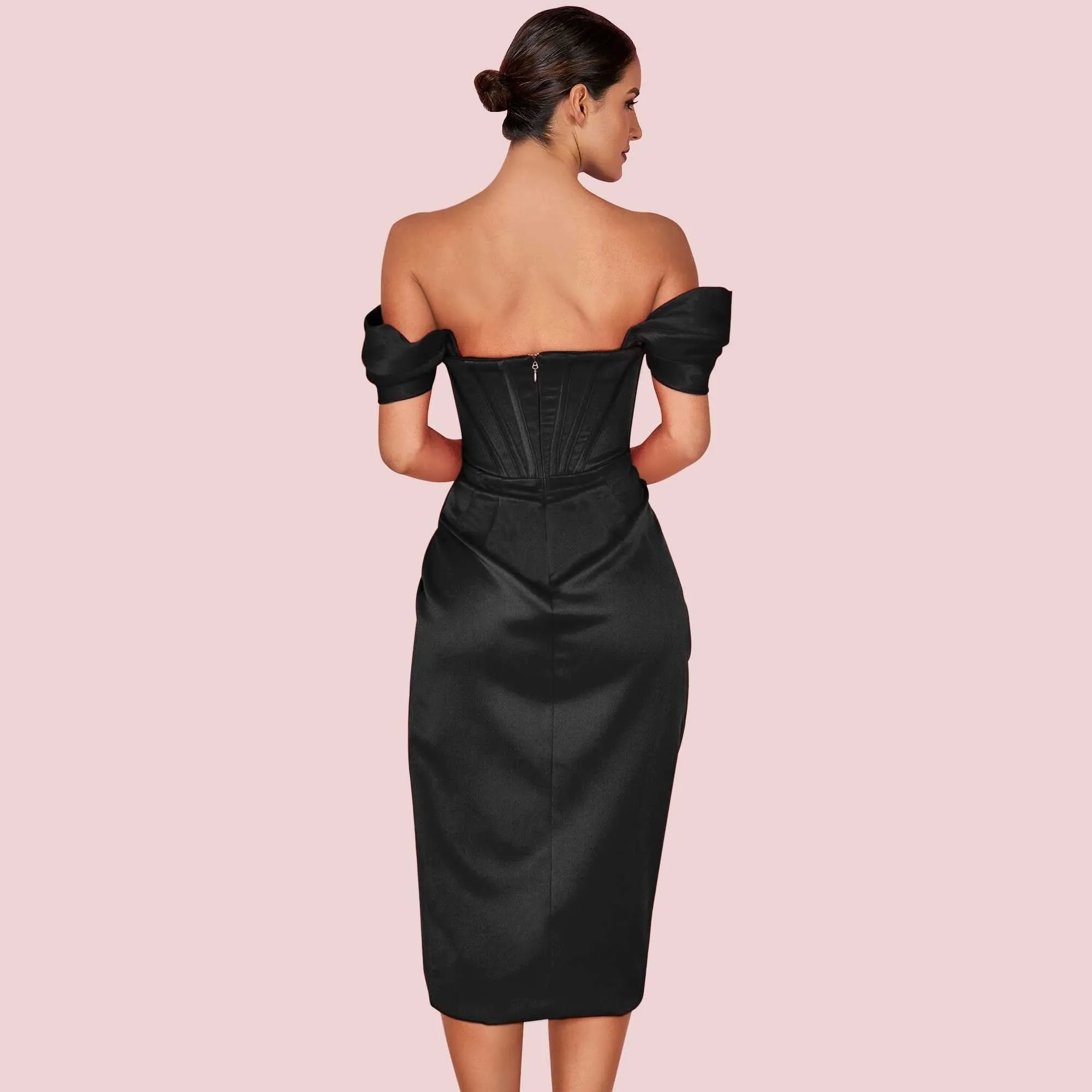 EDNA Off Shoulder Short Sleeve Over Knee Wrinkled Slit Bodycon Dress