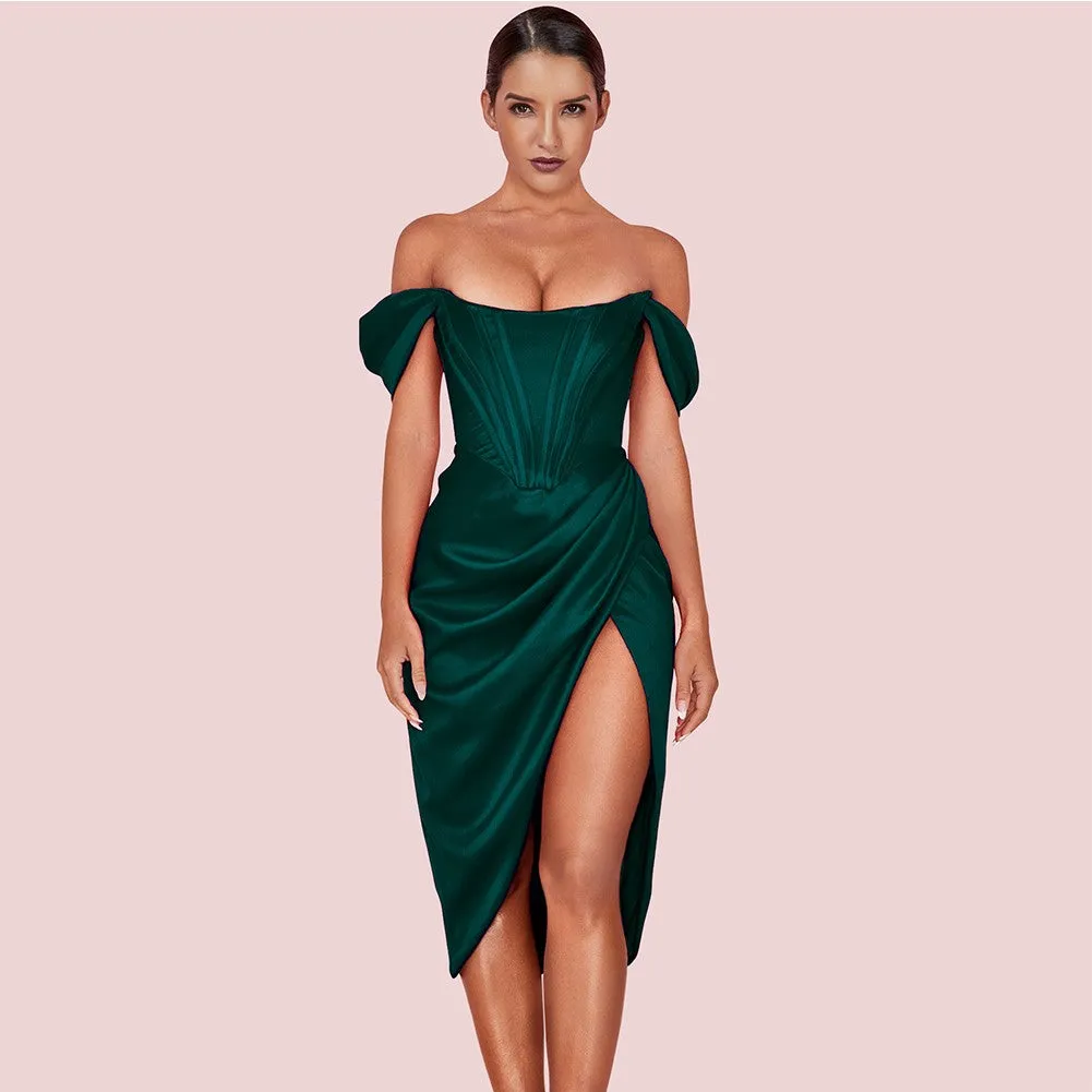 EDNA Off Shoulder Short Sleeve Over Knee Wrinkled Slit Bodycon Dress