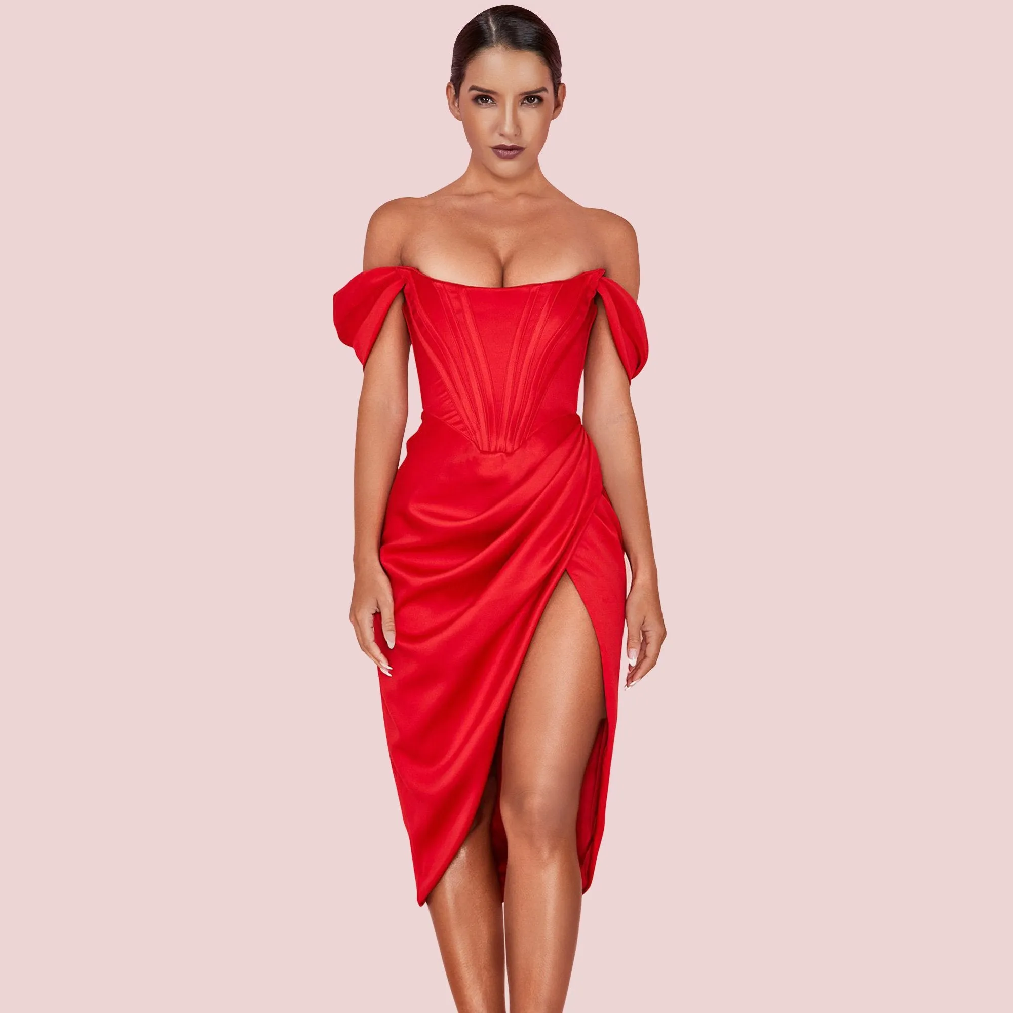 EDNA Off Shoulder Short Sleeve Over Knee Wrinkled Slit Bodycon Dress