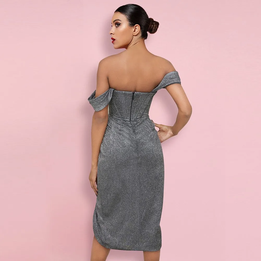 EDNA Off Shoulder Short Sleeve Over Knee Wrinkled Slit Bodycon Dress