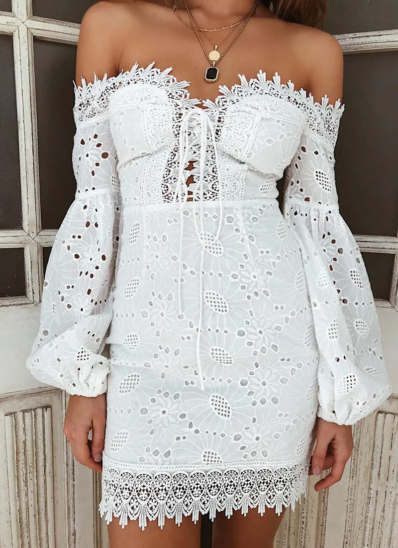 Eyelet Lace Crop Top Off Shoulder Puff Sleeve