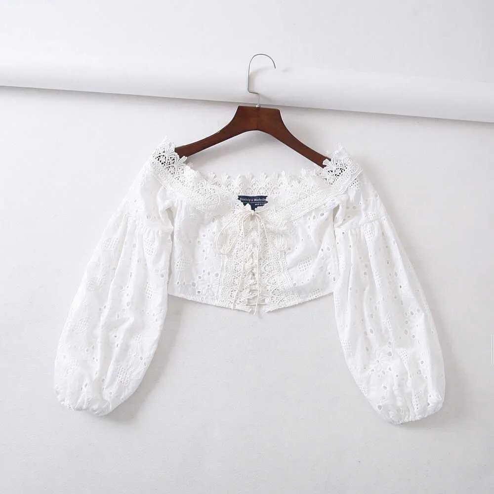 Eyelet Lace Crop Top Off Shoulder Puff Sleeve