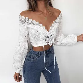 Eyelet Lace Crop Top Off Shoulder Puff Sleeve