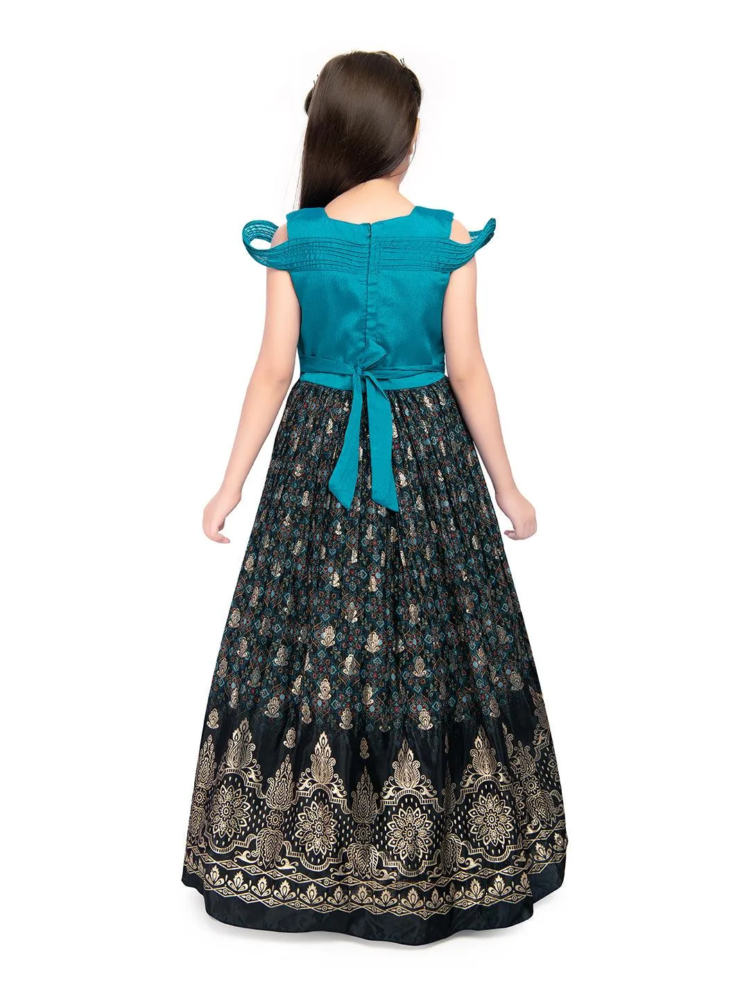 Firozi Coloured Wire Style Off Shoulder Design Gown For Girls