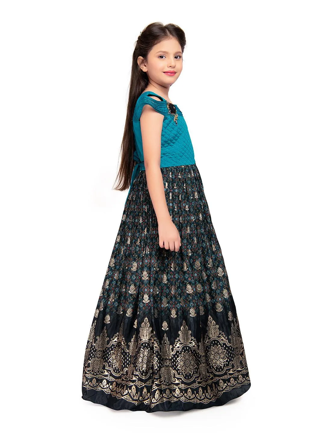 Firozi Coloured Wire Style Off Shoulder Design Gown For Girls