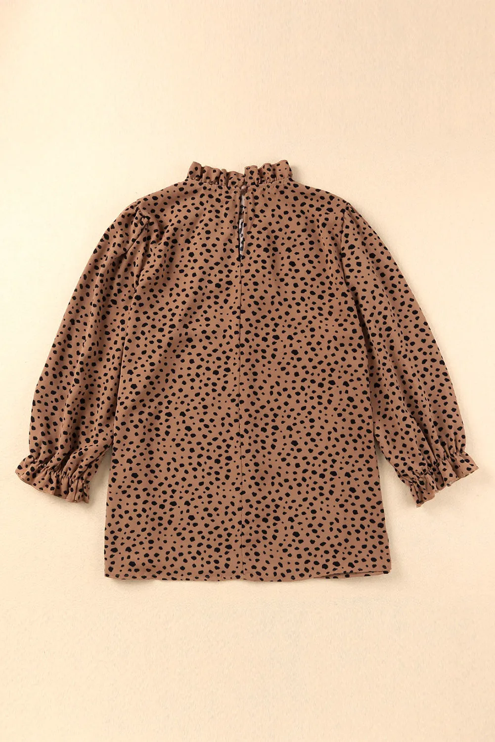 Frilled 3/4 Sleeves Leopard Printed Mock Neck Blouses Top