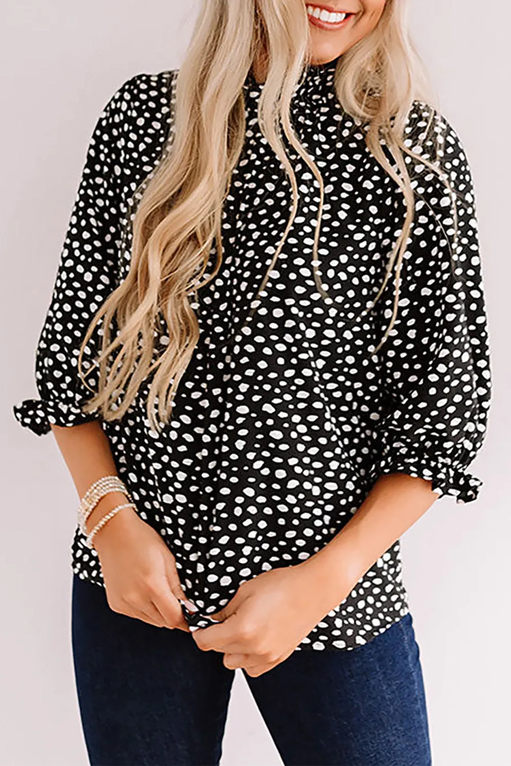 Frilled 3/4 Sleeves Leopard Printed Mock Neck Blouses Top