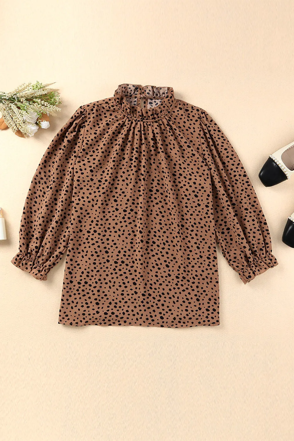 Frilled 3/4 Sleeves Leopard Printed Mock Neck Blouses Top