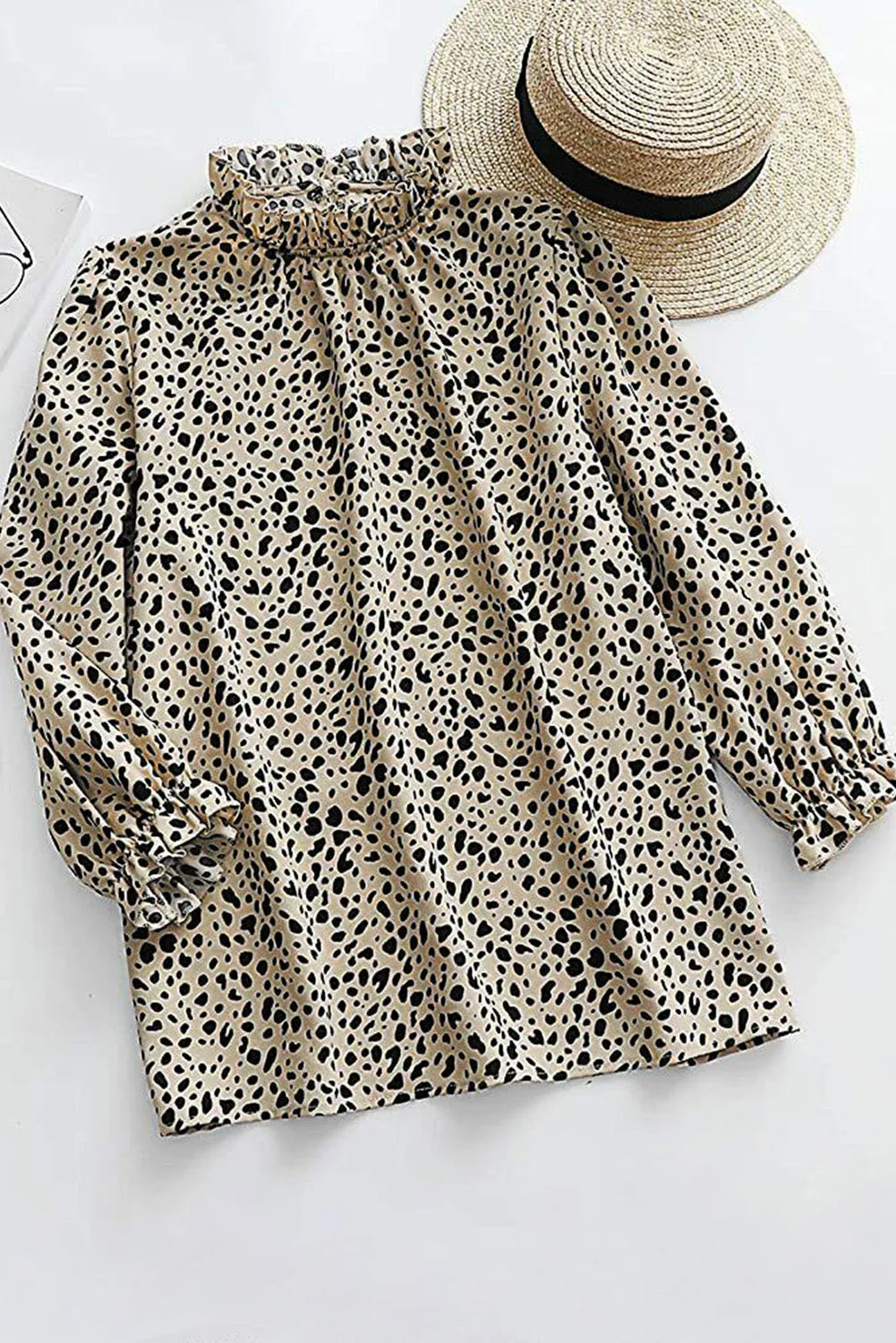 Frilled 3/4 Sleeves Leopard Printed Mock Neck Blouses Top