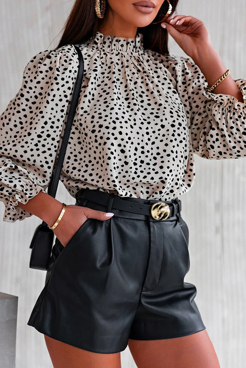 Frilled 3/4 Sleeves Leopard Printed Mock Neck Blouses Top