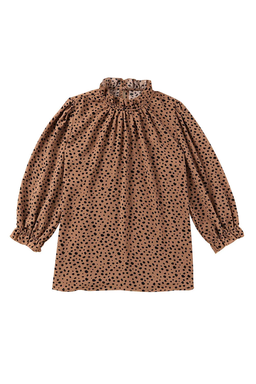 Frilled 3/4 Sleeves Leopard Printed Mock Neck Blouses Top