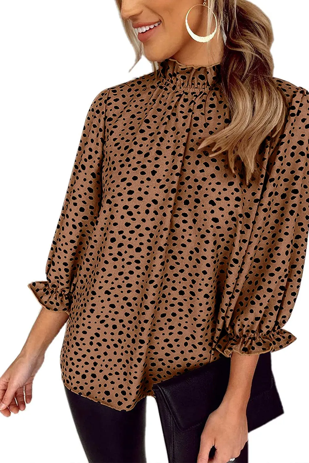 Frilled 3/4 Sleeves Leopard Printed Mock Neck Blouses Top