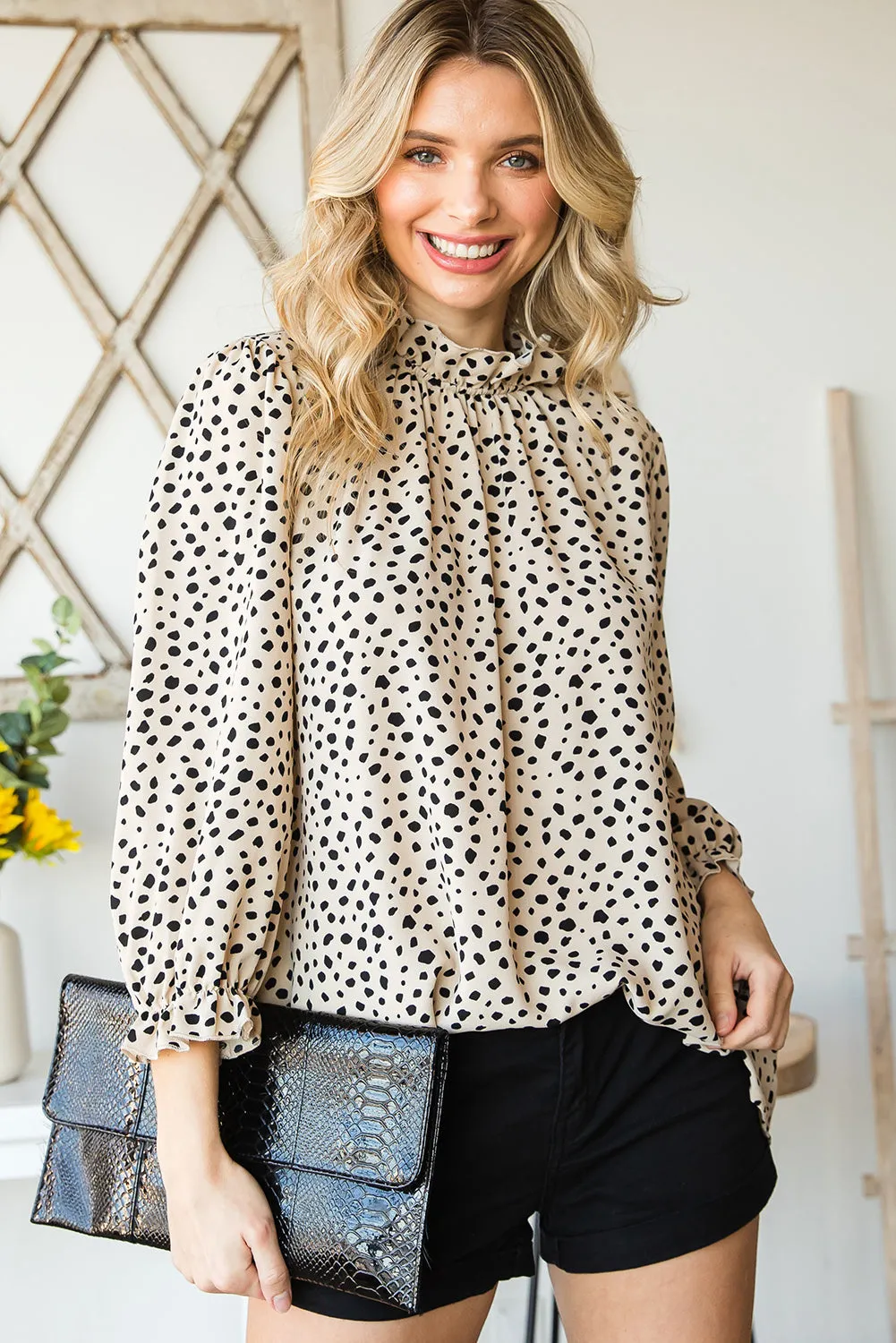 Frilled 3/4 Sleeves Leopard Printed Mock Neck Blouses Top