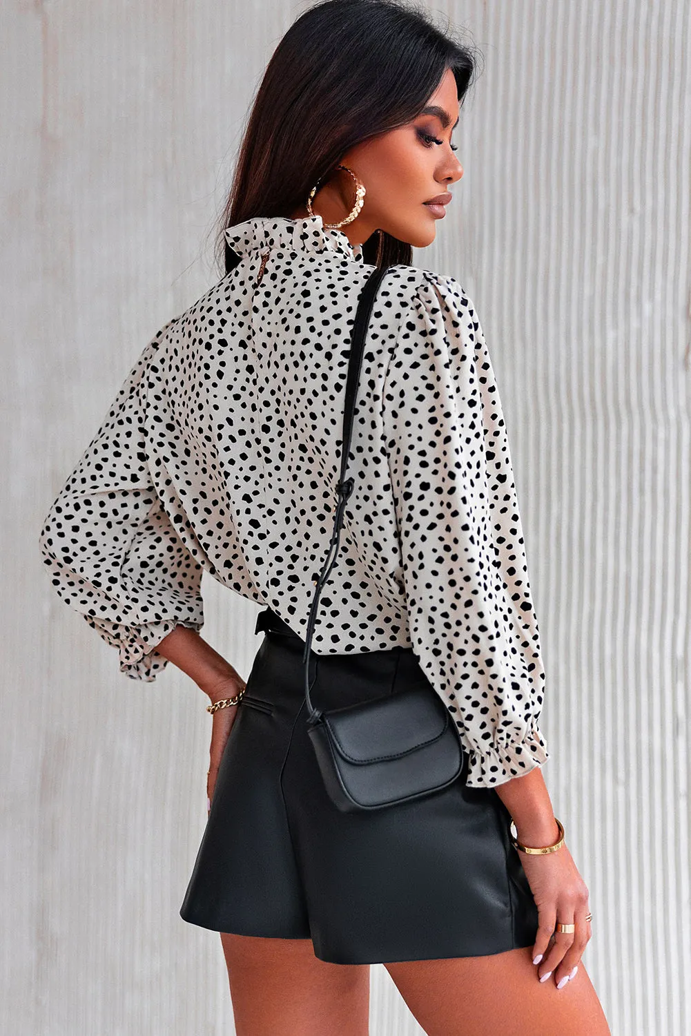 Frilled 3/4 Sleeves Leopard Printed Mock Neck Blouses Top