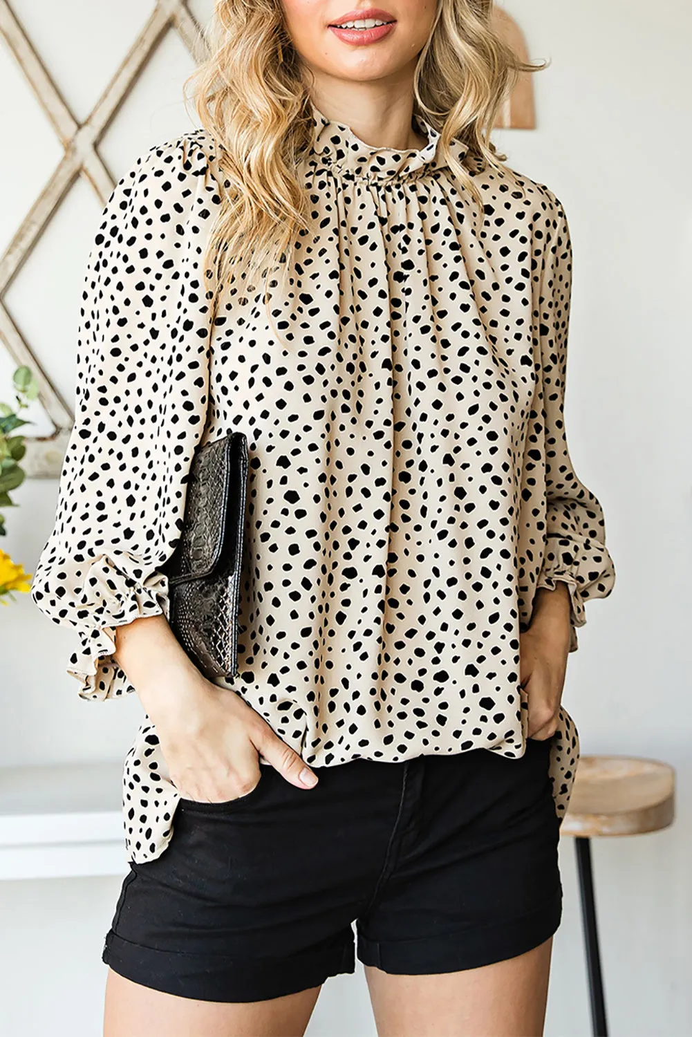 Frilled 3/4 Sleeves Leopard Printed Mock Neck Blouses Top