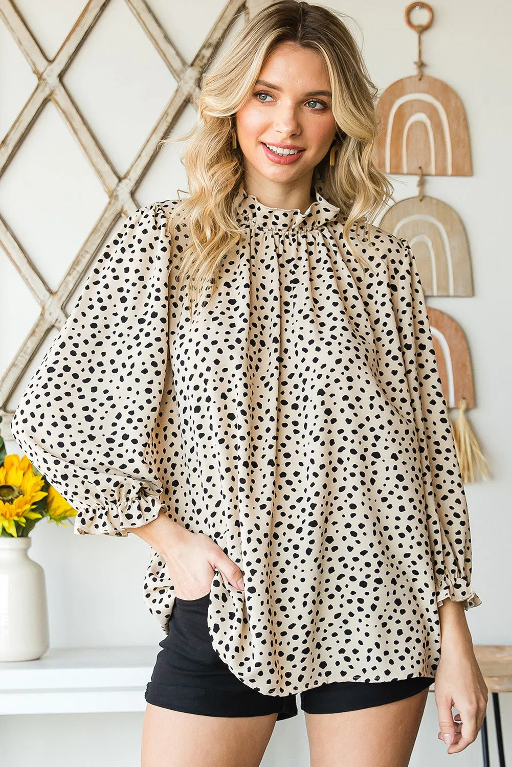 Frilled 3/4 Sleeves Leopard Printed Mock Neck Blouses Top