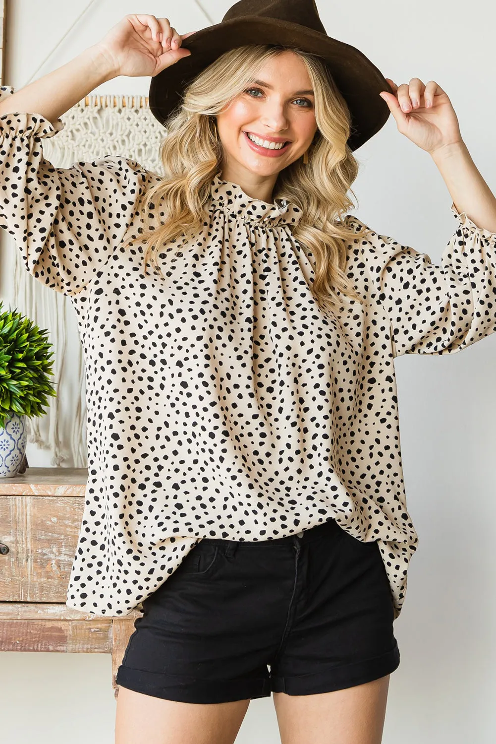 Frilled 3/4 Sleeves Leopard Printed Mock Neck Blouses Top